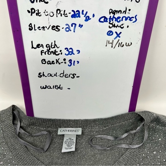 Catherines Silver Gray V Neck Studded Metallic Long Sleeve Sweater Size 0X 16W - Picture 14 of 14